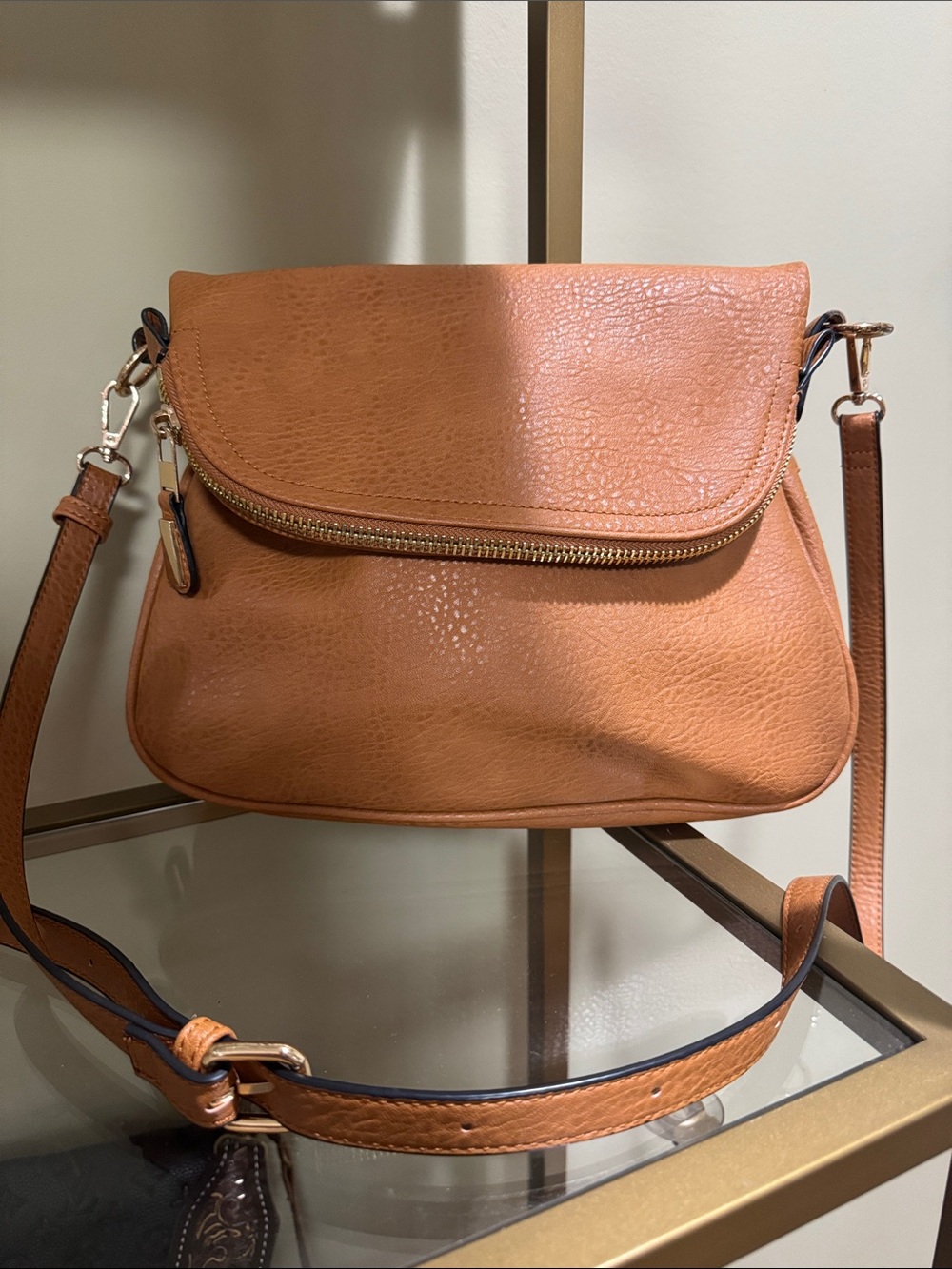 Moda Luxe Caramel Tan Leather Crossbody with Zip Flap